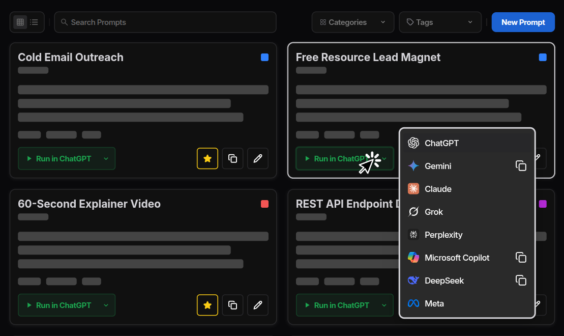 AI prompt manager dashboard showing organized prompts
