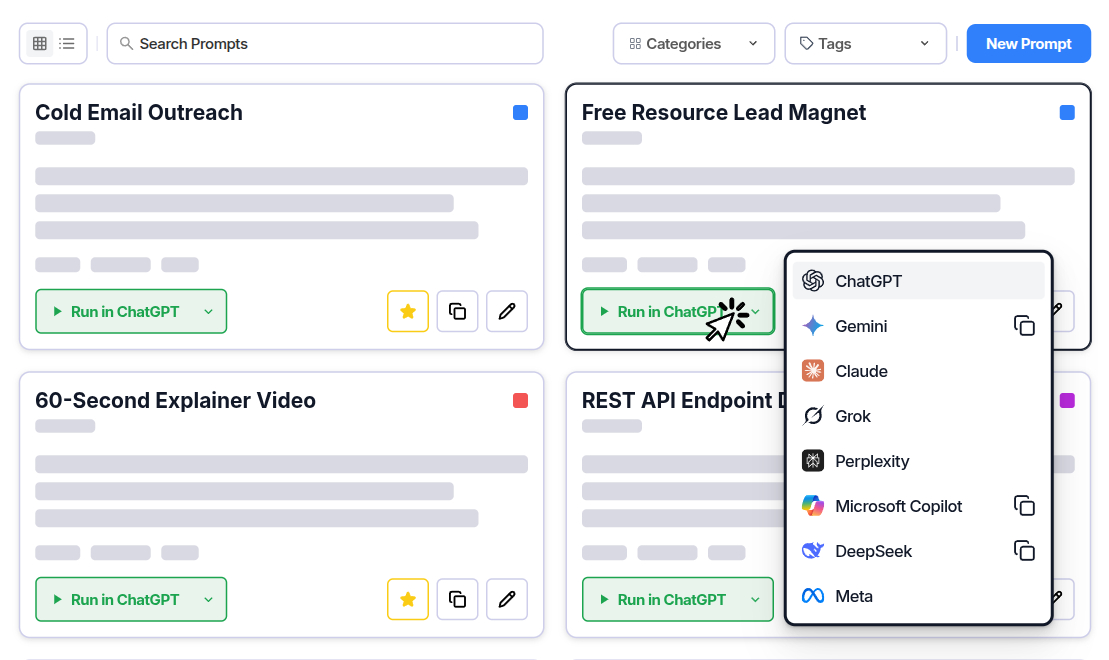 AI prompt manager dashboard showing organized prompts